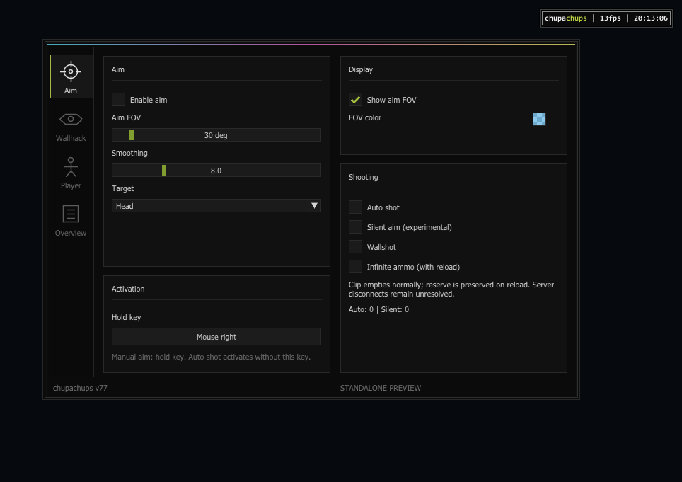Настоящее меню Aim клиента Chupachups: параметры наведения и стрельбы
